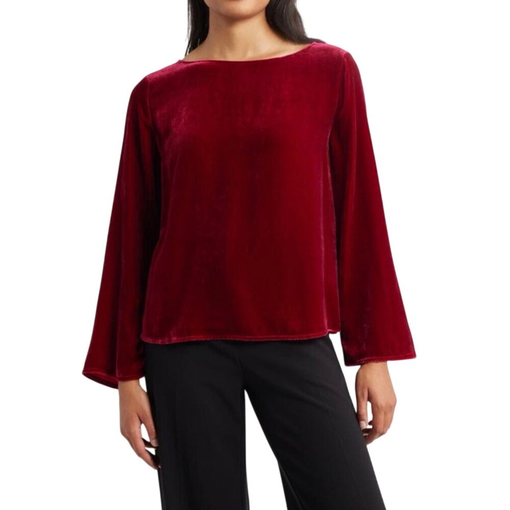 Eileen Fisher Ruby Red Velvet Bateau Neck Flare Sleeve Top Silk Blend NWT XXS